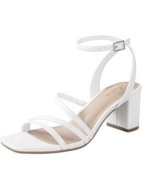 Women's White Adjustable Buckle Strap Square Open Toe Chunky Dressy Block Heels